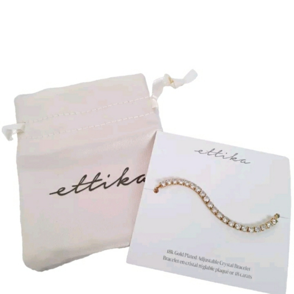 Ettika Dainty Crystal Tennis Bracelet 18K Gold Plated Adjustable Slider New